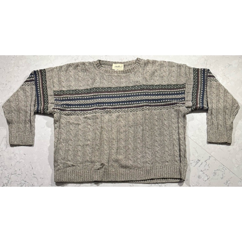 VTG 90s Eddie Bauer Sweater Mens XL Gray Cable Knit Fair Isle Grandpacore USA